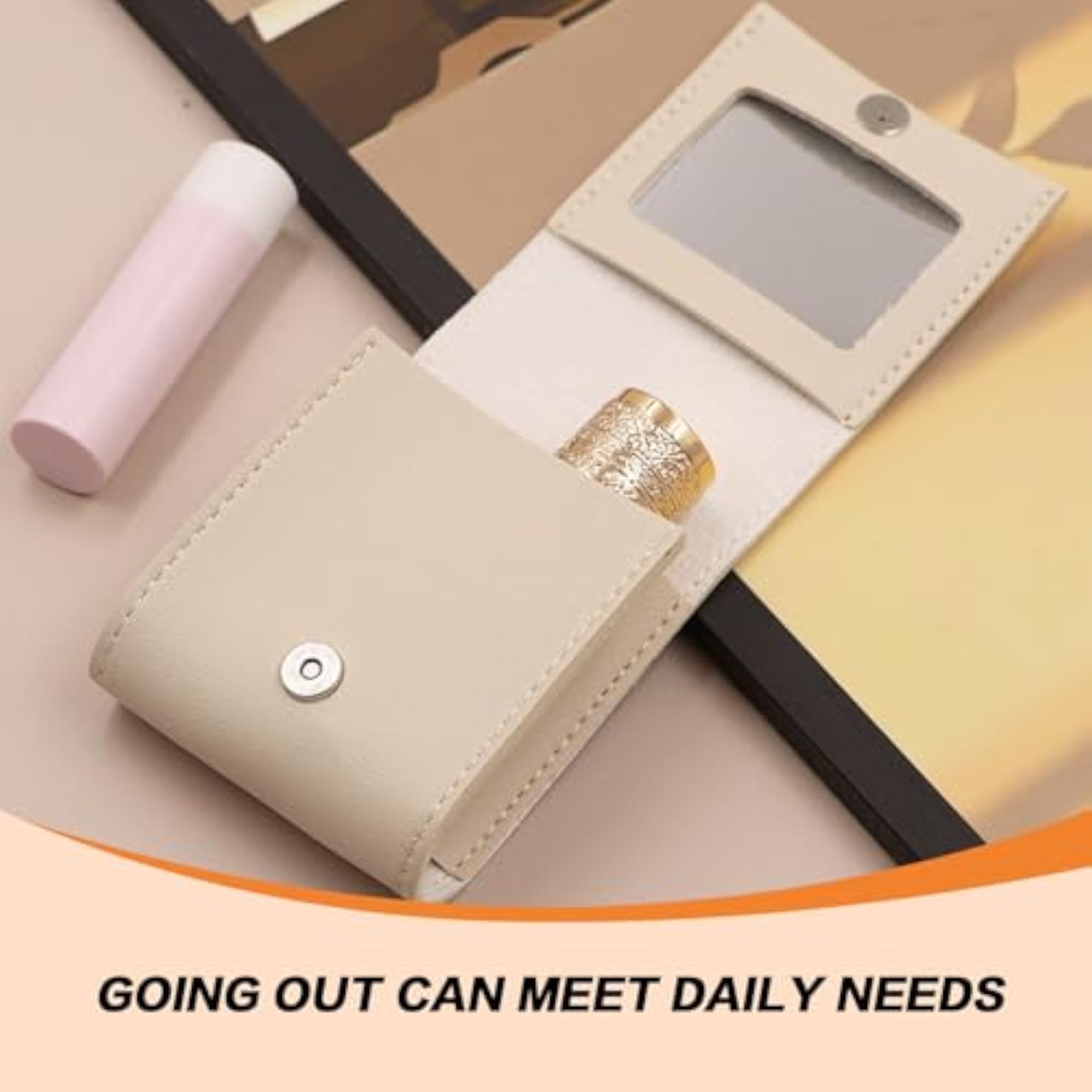 Handheld Lipstick Pouch Leather Case, Beige